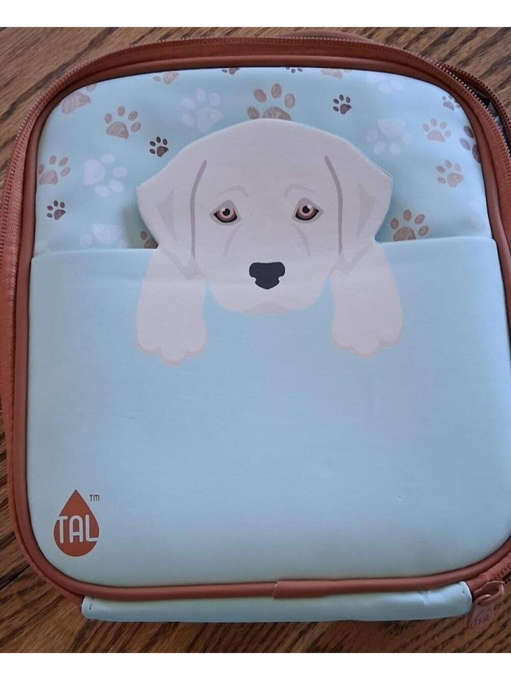 TAL soft insulated lunch bag, a light blue design with a white puppy,paw prints